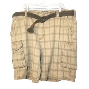 IZOD Cargo Shorts Mens 42 Khaki & Tan Plaid Utility Chino 6 Pockets Belt Y2K 90s